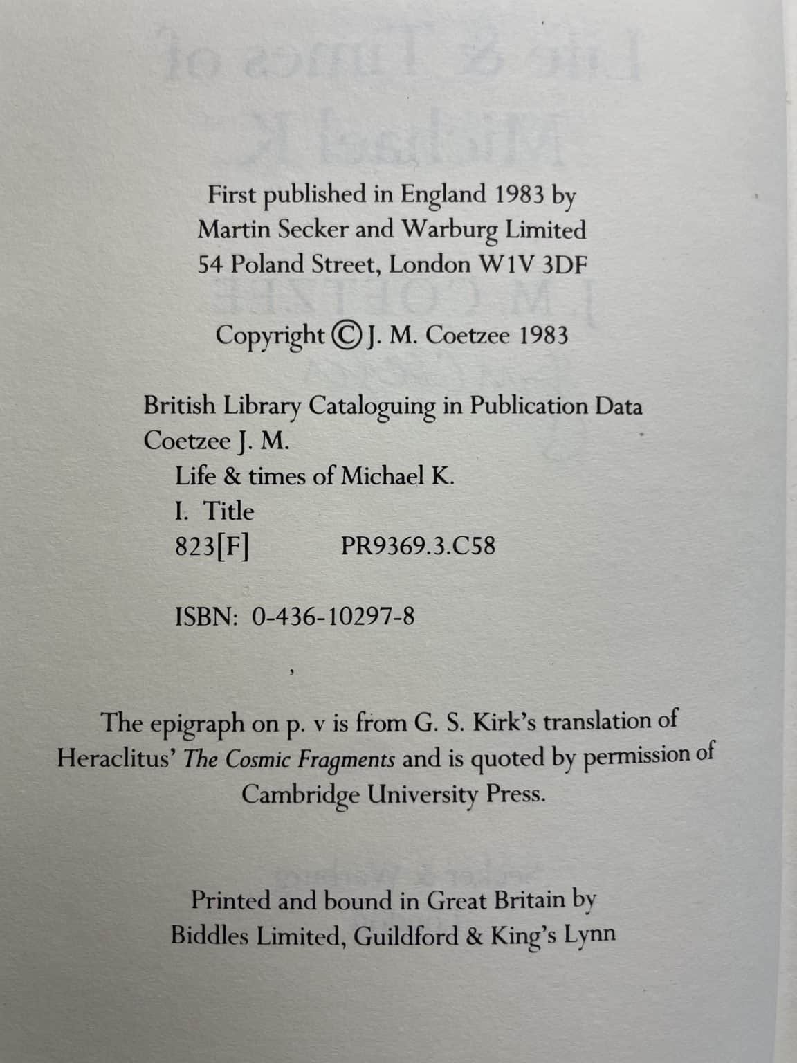 jm coetzee life and times of michael k signed first edition3 1