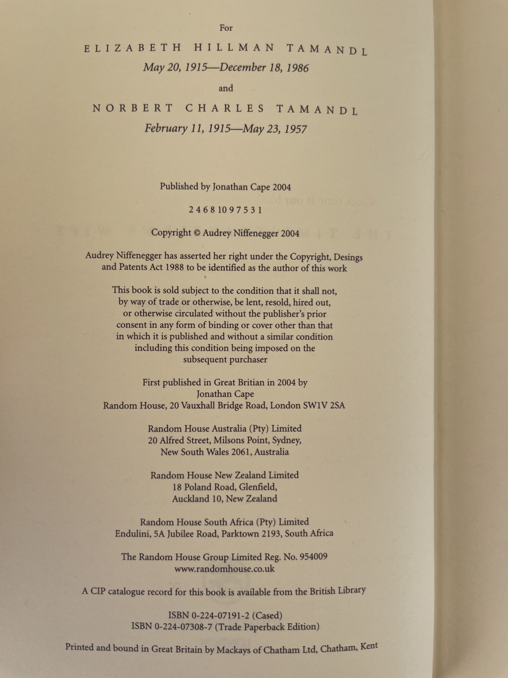 audrey niffennegger time travllers wife first ed2