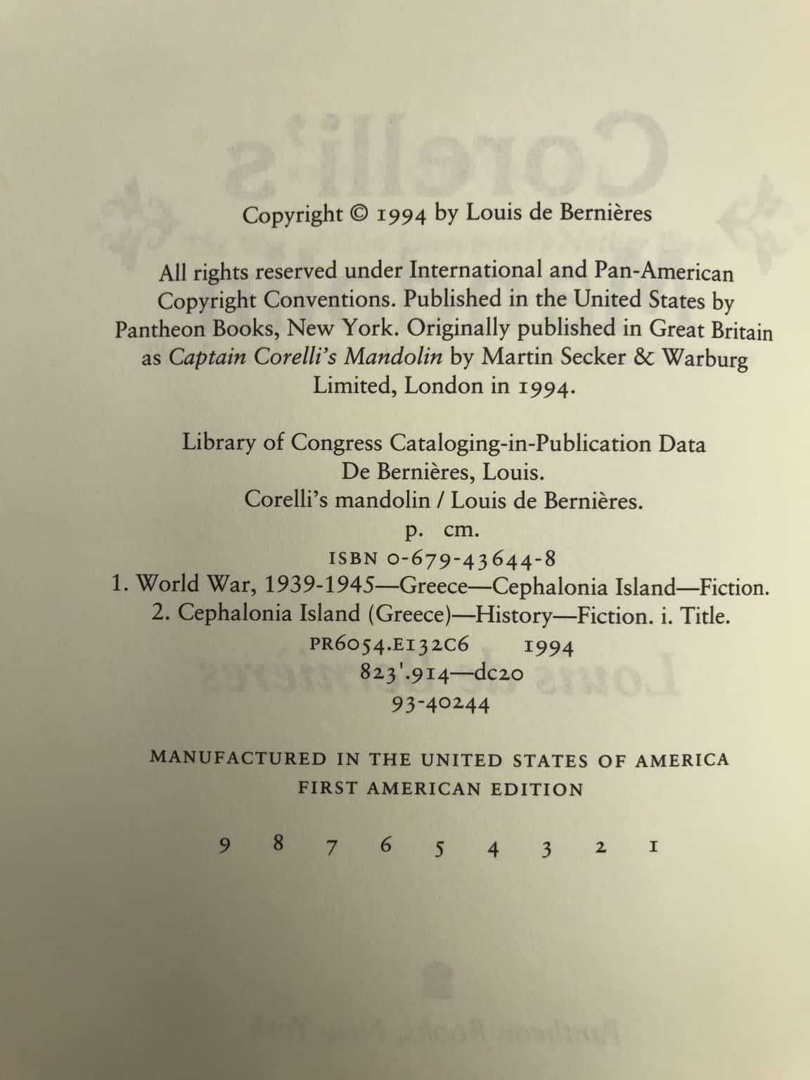 louis de bernieres corellis mandolin first us ed2