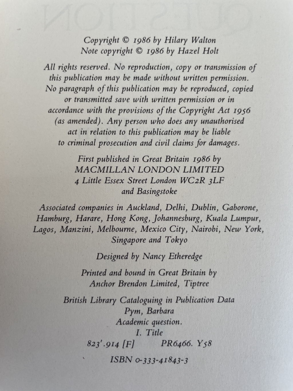 barbara pym an academic question first ed2