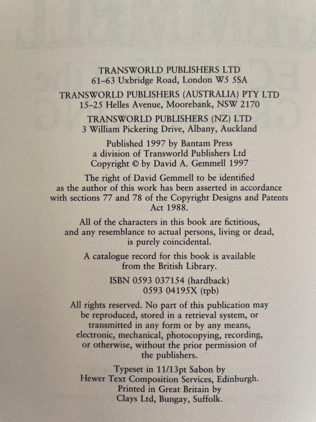 david gemmell echos of the great song first ed 2