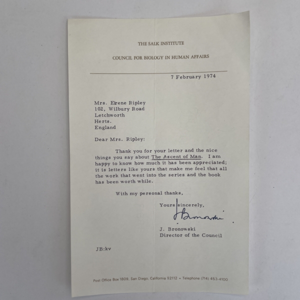 j bronowski the ascent of man with signed letter 5