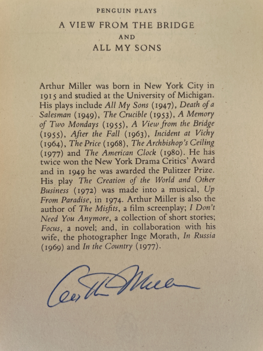 arthur miller a view from the bridge signed2