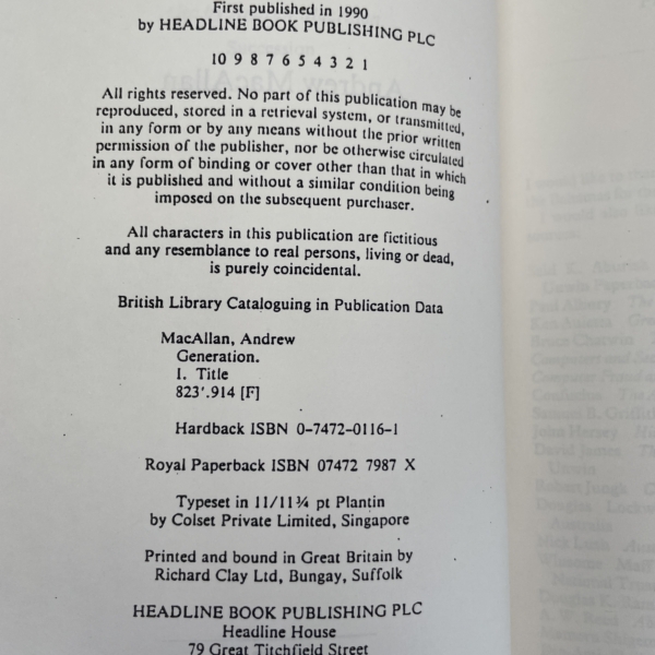 Andrew MacAllan - Generation - Uncorrected Proof Copy 1990 - Image 2