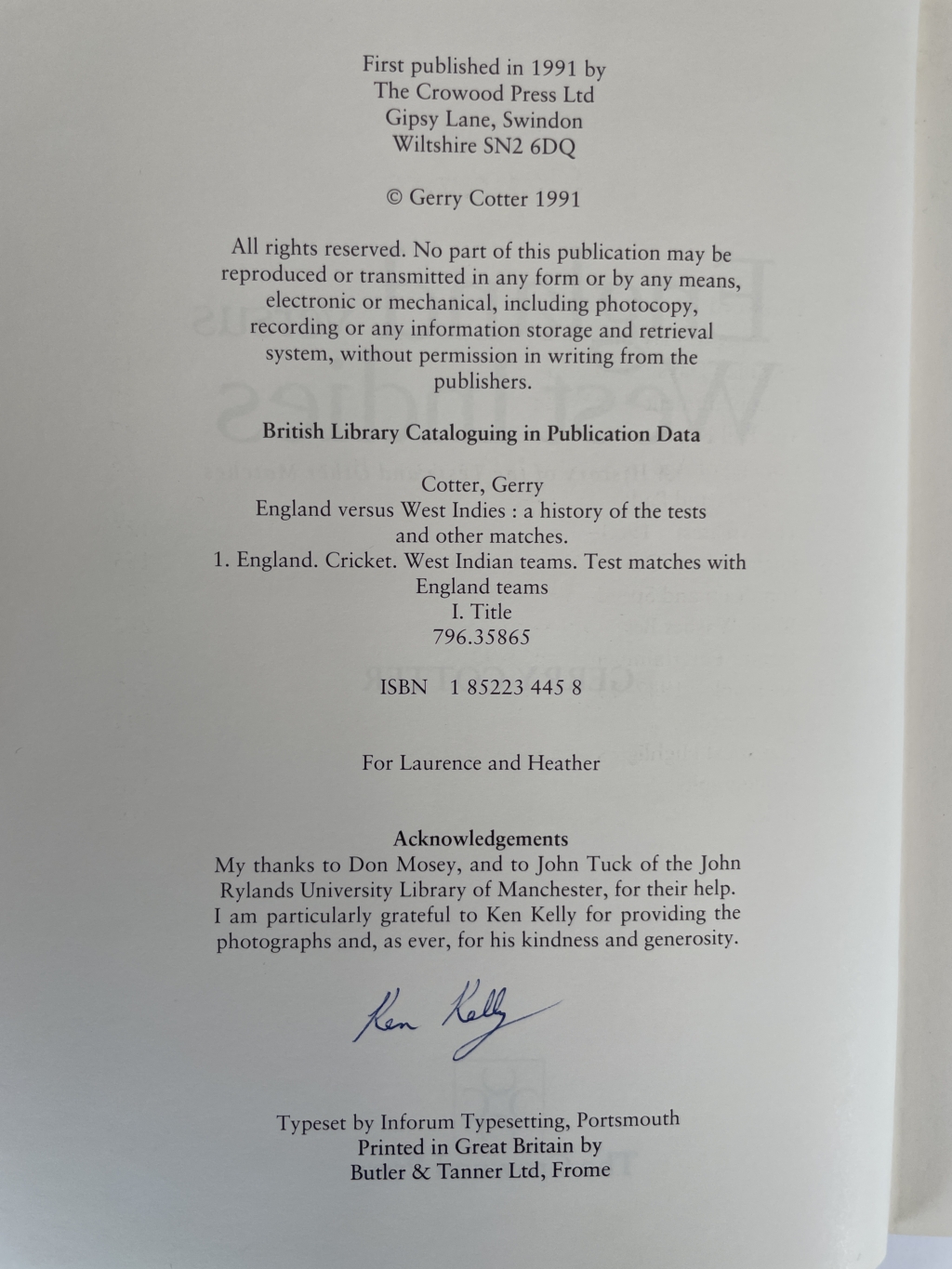 gerry cotter england v west indies signed first 2