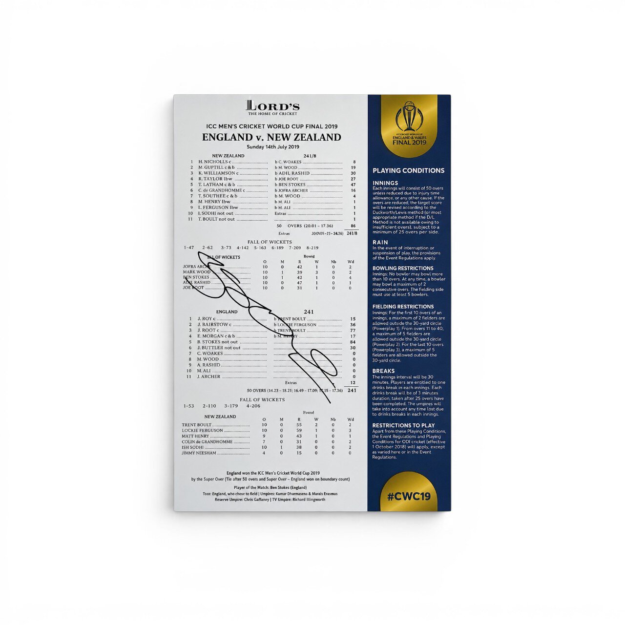 Cricket World Cup 2019 - Scorecard - Signed by Ben Stokes